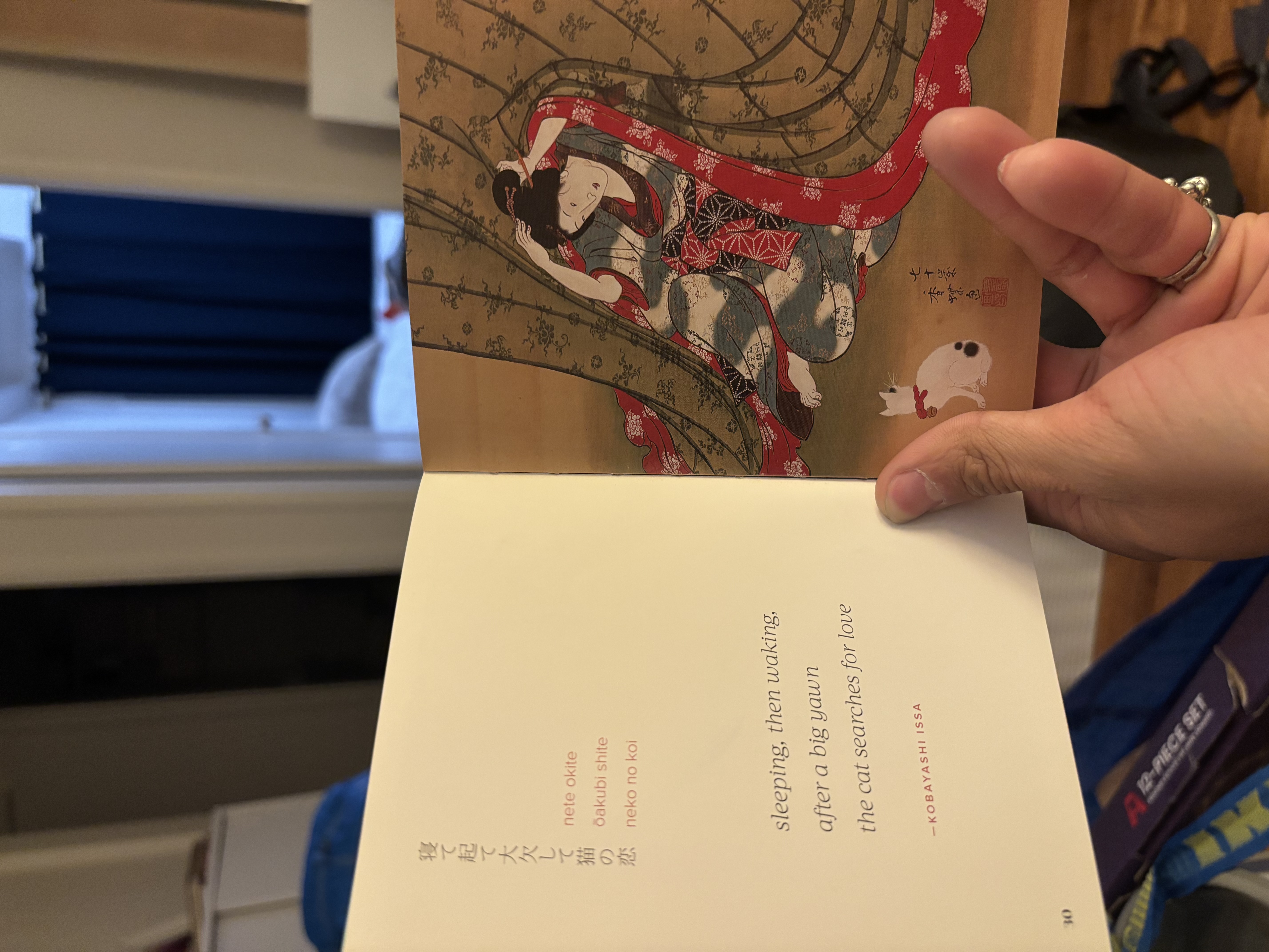 A picture of a poem by Kobayashi Issa. Sleeping, then waking, after a big yawn the cat searches for love.